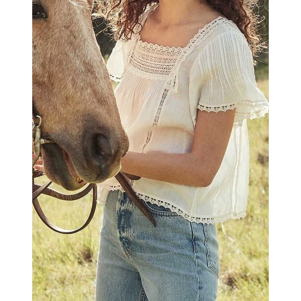 DOEN Ginger Top M Salt Lace Trim Pintuck Blouse Ramie Boho Cottagecore Prairie